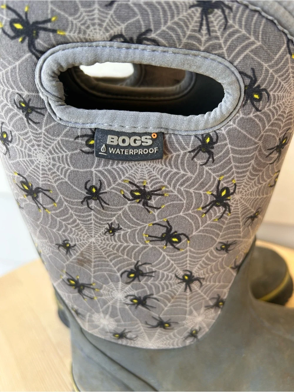 Bogs Gray & Yellow Spider Web Kids Rain Boots Halloween